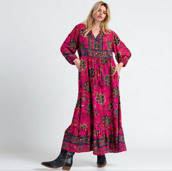 New Easel Pink Floral Print Long Sleeve Maxi Dress - Picture 6 of 6